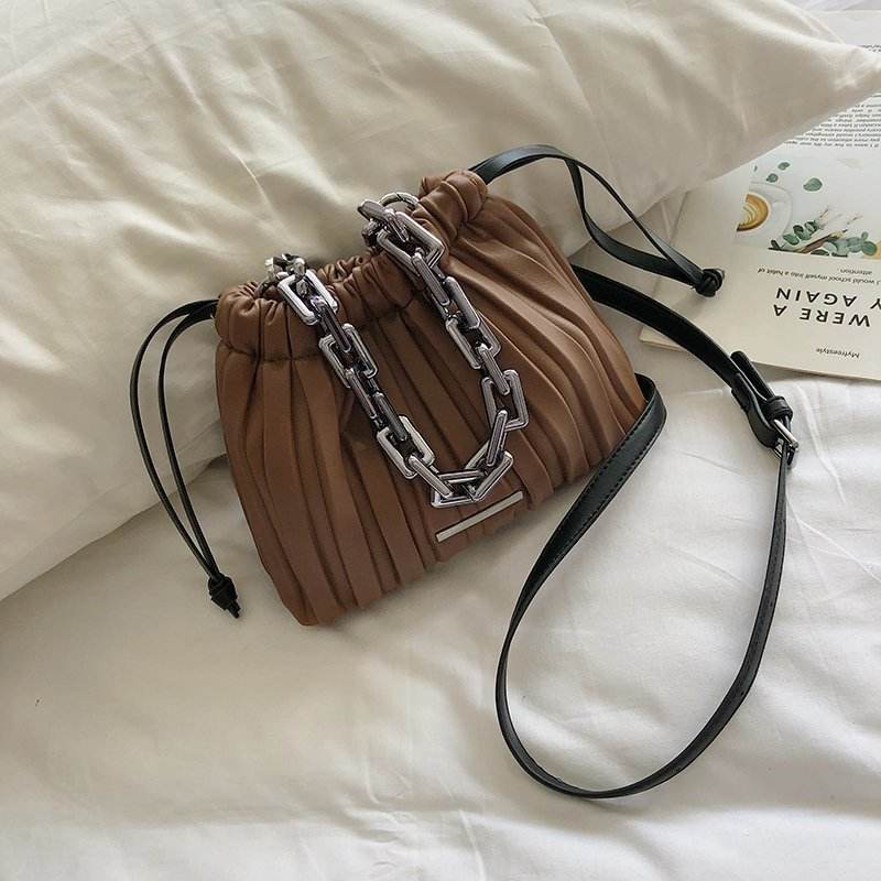 Designer Women Bags Drawstring Bucket Bag with Thick Chain Crossbody Bag - Mubimart