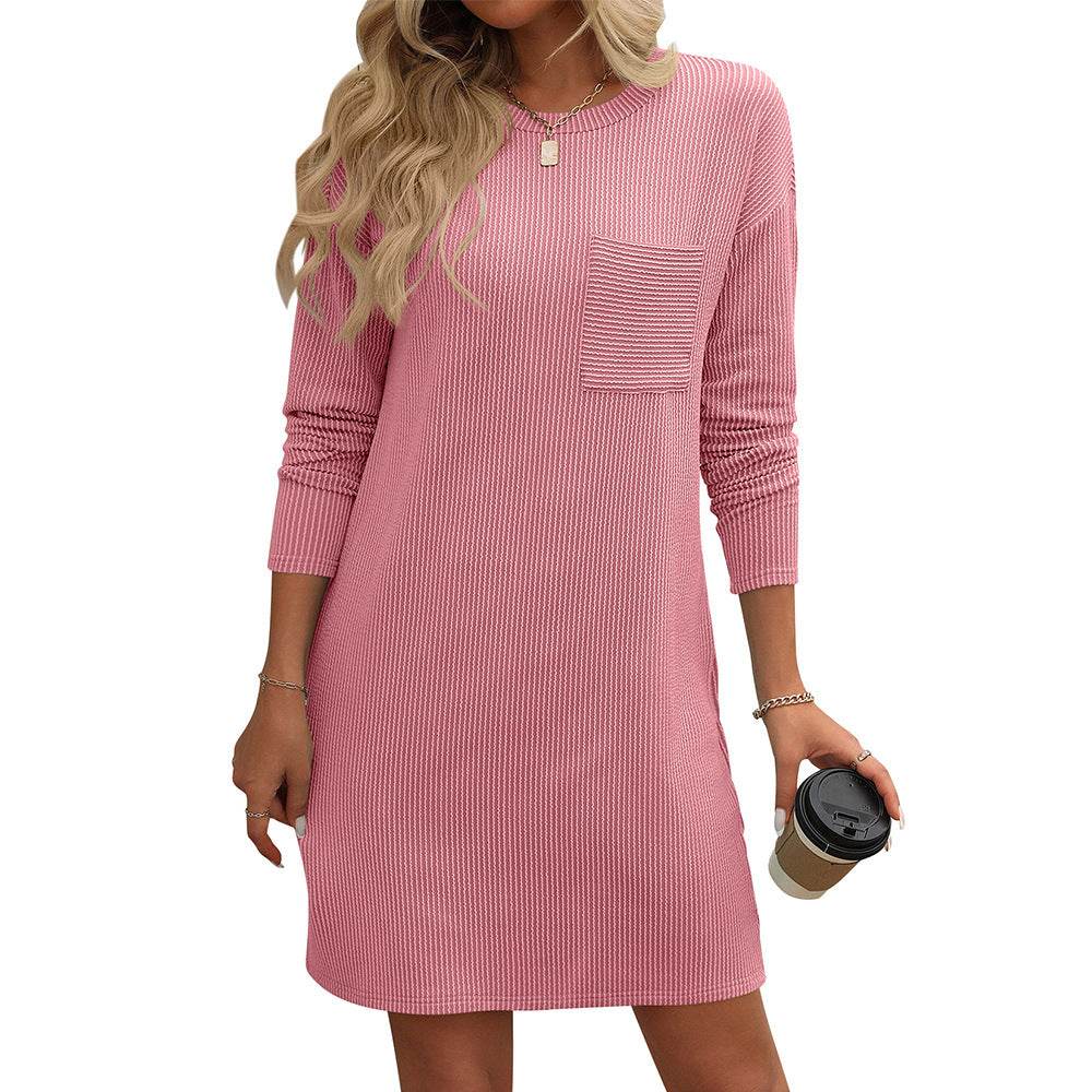 New Solid Color Striped With Pockets Long Sleeve Dress Fashion Round Neck Straight Dress Women's Clothing - Mubimart