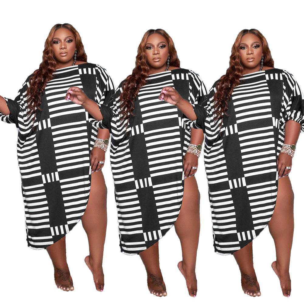 Loose Personality Striped Plus Size Women's Casual Dress - Mubimart