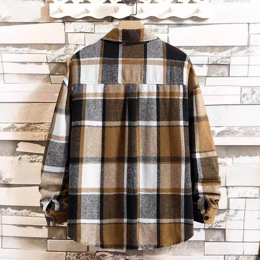 FallWinter Slim Brushed Plaid Long Sleeve Flannel Shirt Men - Mubimart