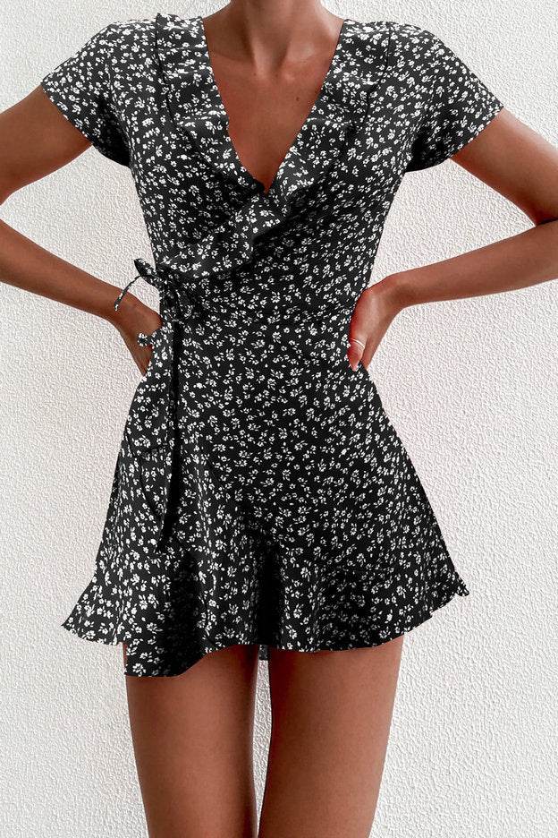 European And American Summer V-neck Ruffled Lace A-line Slim Dress - Mubimart