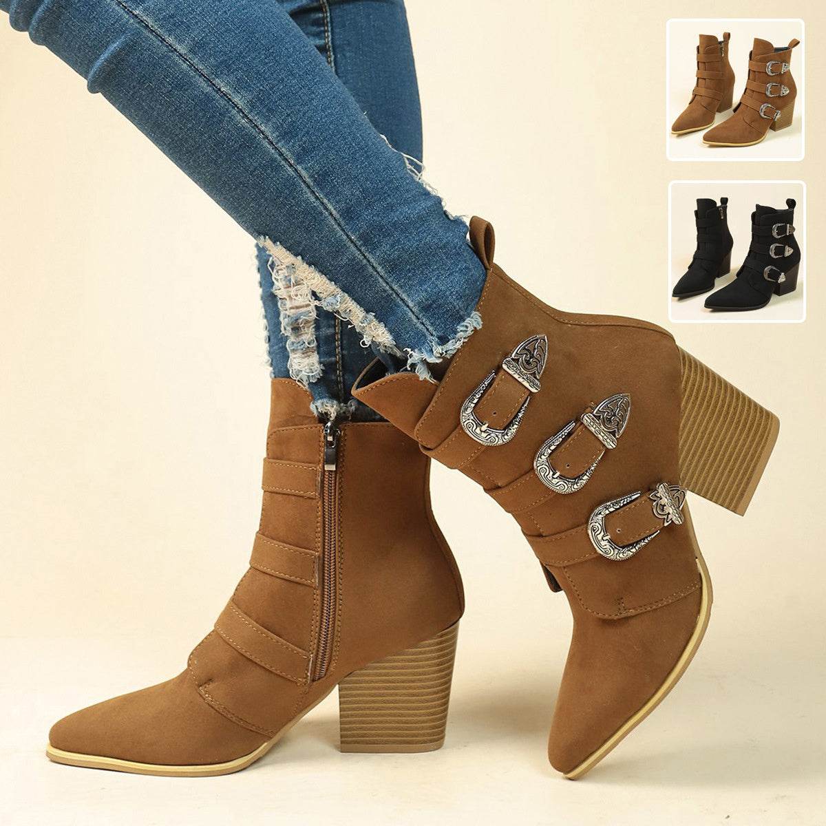 Chunky Heel Pointed Toe Boots With Belt Buckle Design Retro Mid-calf Boot Fashion Fall Winter Shoes For Women - Mubimart