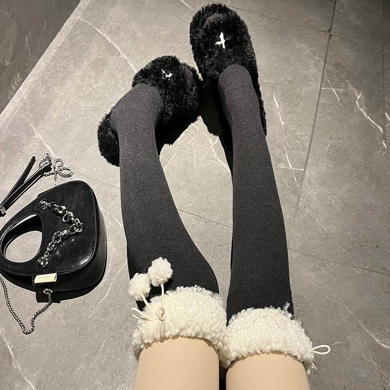 Lamb's Wool Black Knee-high Socks - Mubimart