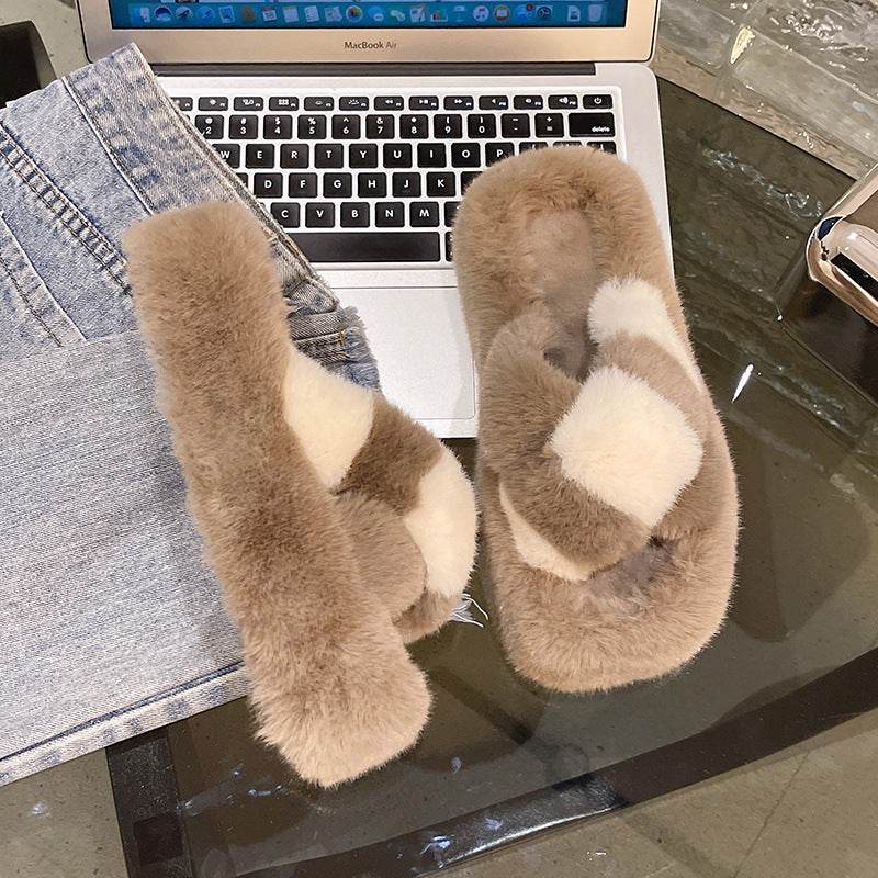 Cross-strap Fuzzy Slippers With 5cm Heel Shoes Women Fashion Winter Indoor Plush House Shoes - Mubimart