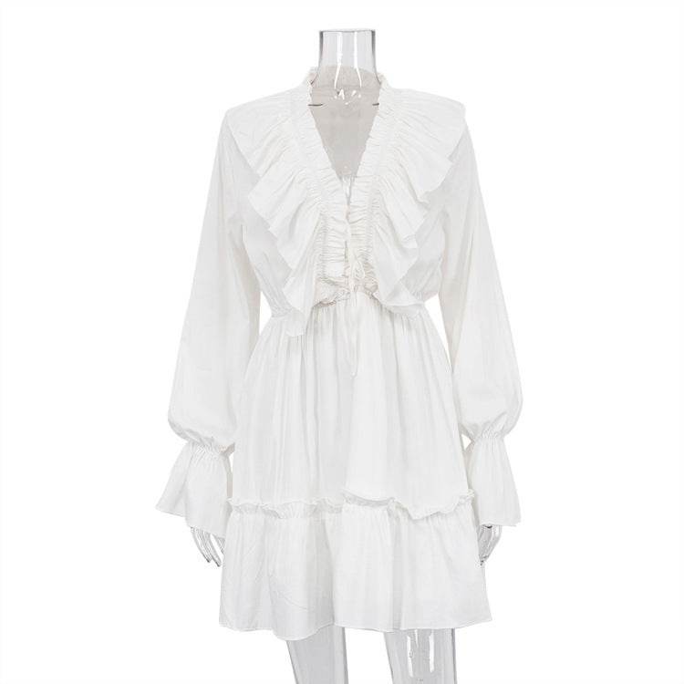 Fashion V Neck Pleated Ruffle Long Sleeve Dress Y2K V Neck Flared Sleeve Short Dress Women's Clothing - Mubimart