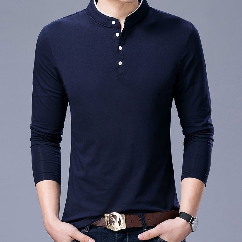 Mens Coton Stand Collar Long Sleeve T-Shirt