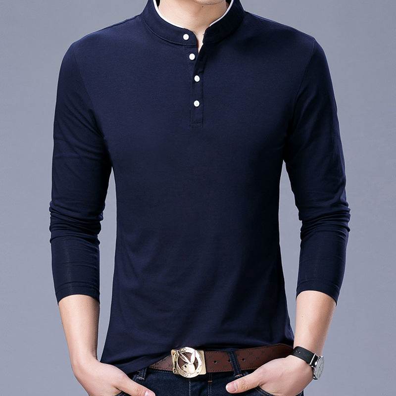 Mens Coton Stand Collar Long Sleeve T-Shirt - Mubimart