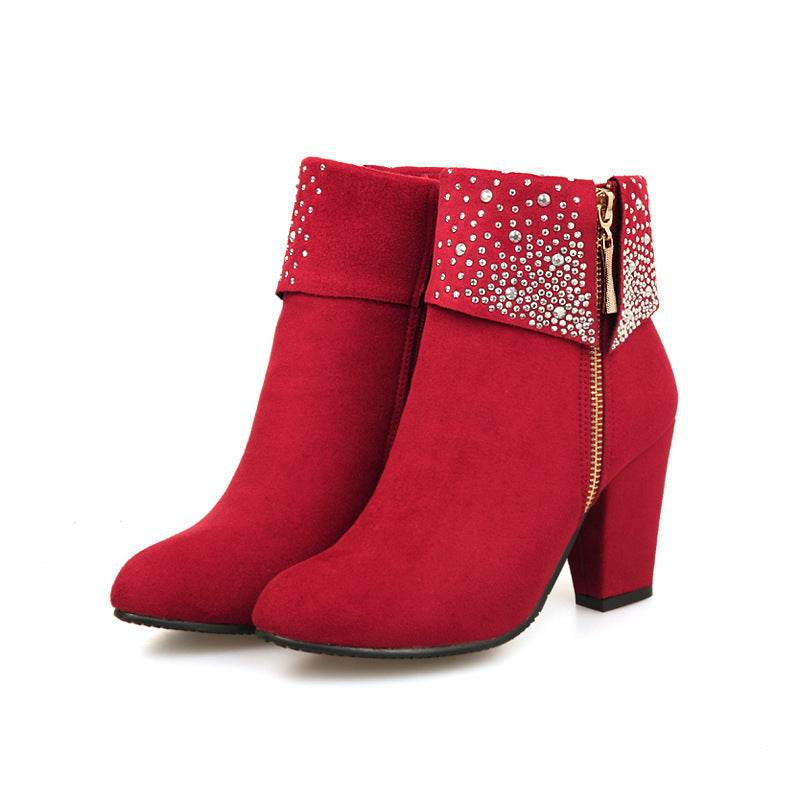 Rhinestone nubuck short heel women boots - Mubimart
