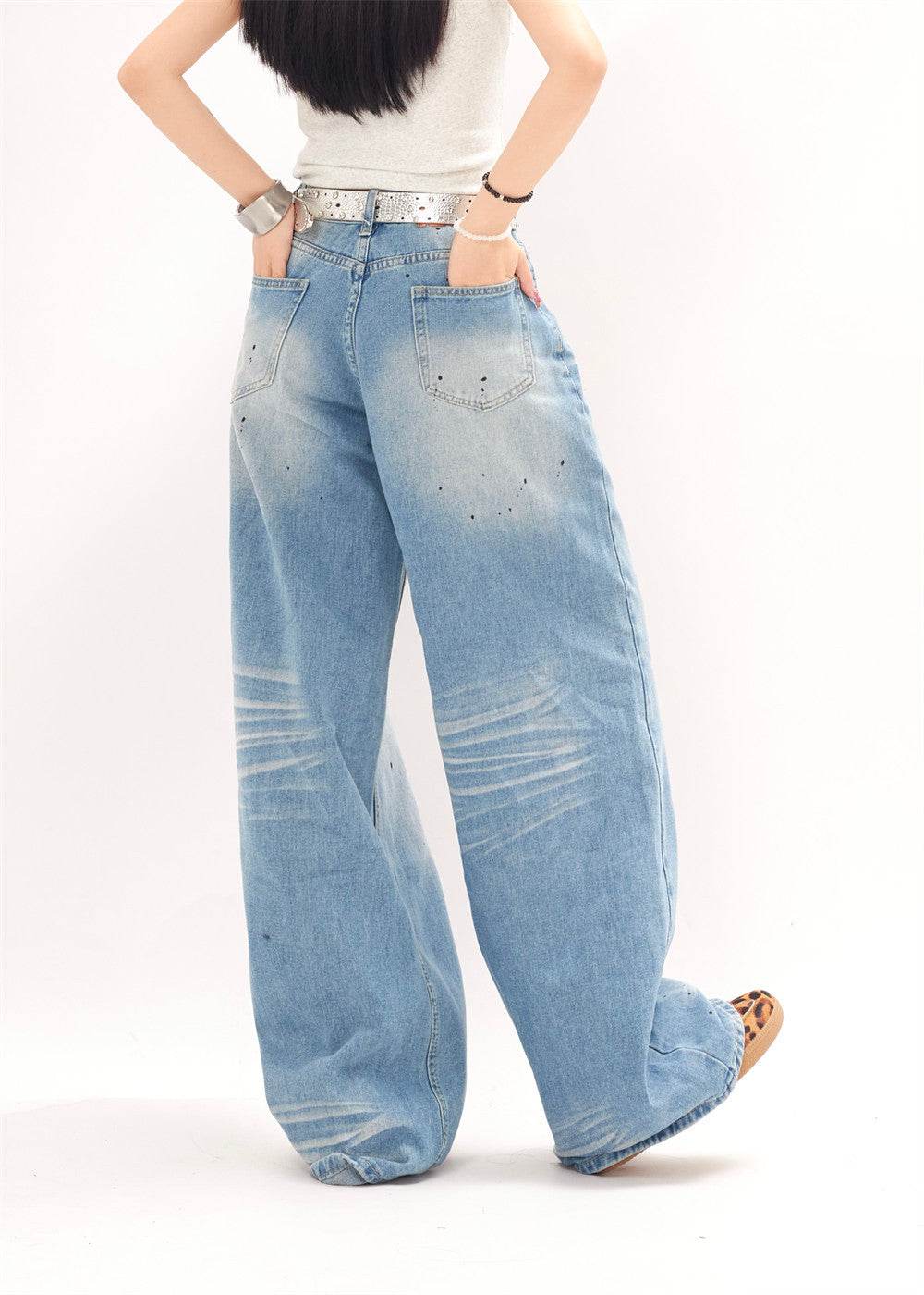Gradient Loose Wide Leg Jeans For Men And Women - Mubimart