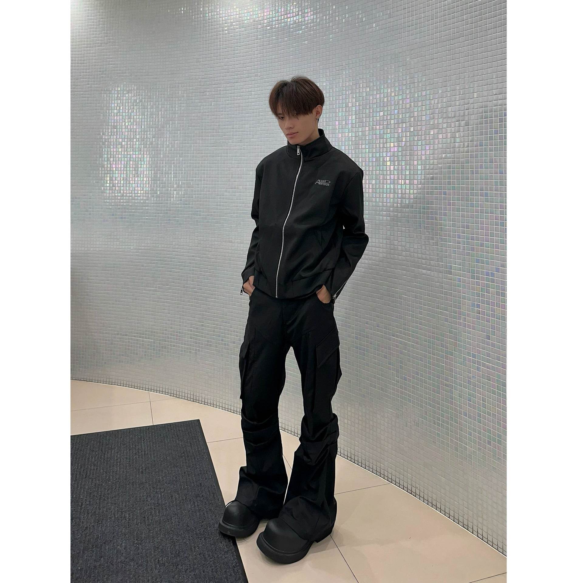 Large Pocket Pleated Black Cargo Pants Men - Mubimart