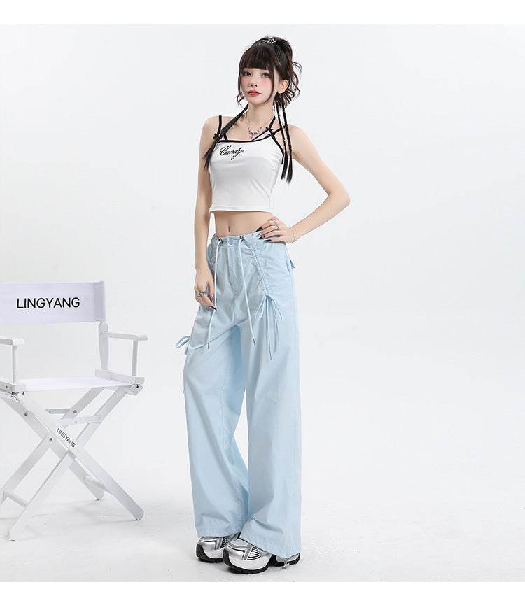 Straight Cargo Pants Women Bow Drawstring Wide Leg Track Pants - Mubimart