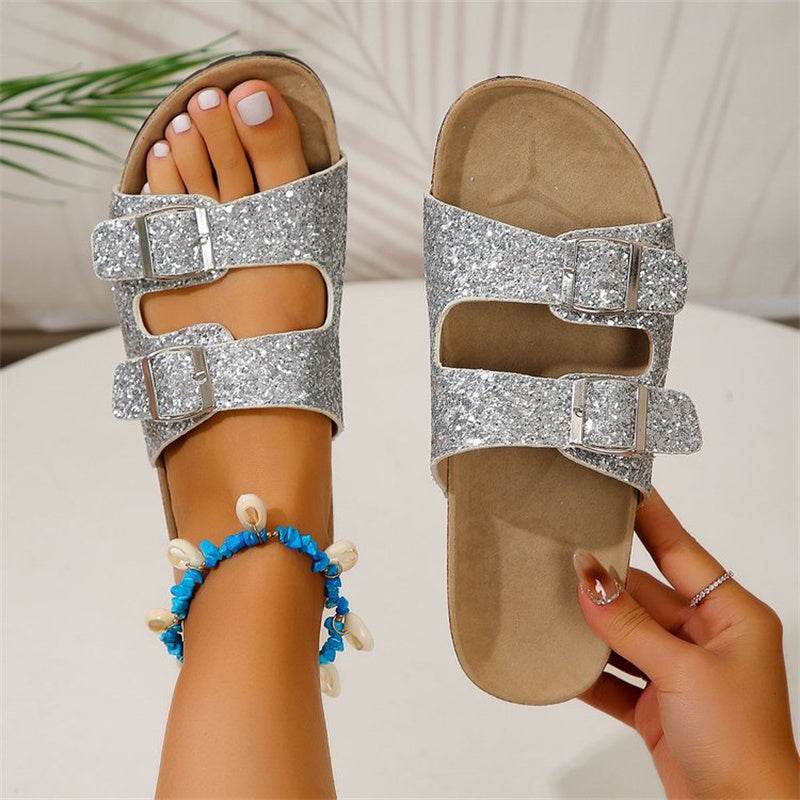 Double Buckle Sandals For Women New Fashion Sequined Beach Shoes Summer Leisure Outdoor Slippers Slides - Mubimart