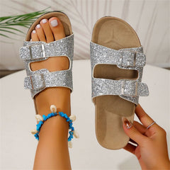 Doppelschnalle Sandalen für Frauen Neue Mode Pailletten Strandschuhe Sommer Freizeit Outdoor Hausschuhe Slides