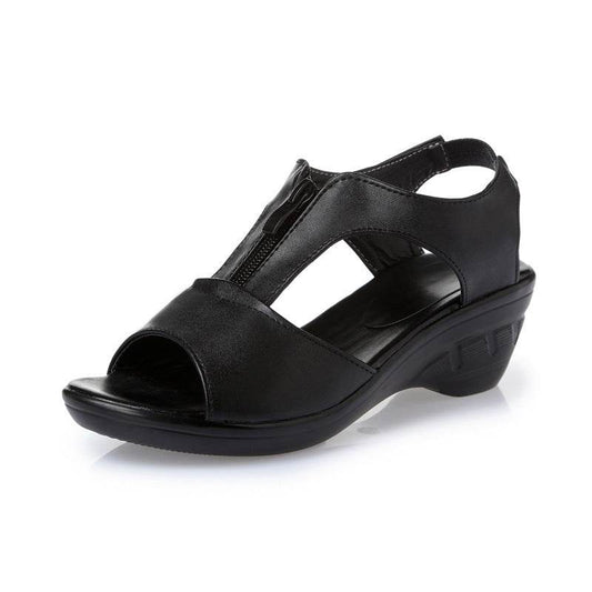Wedge heel hollow female sandals mid-heel mother sandals - Mubimart