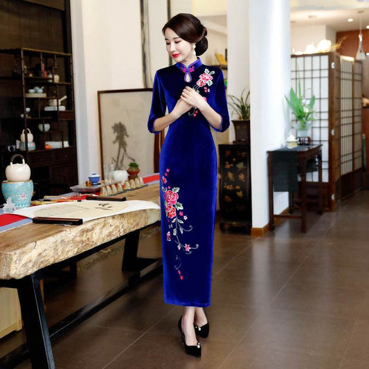 Long Authentic Pleuche Cheongsam Young Plus Size - Mubimart