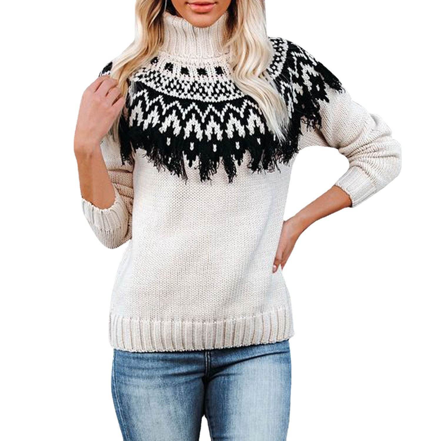 New Cross-border Amazon Fashion Pullover Plus Size Ladies Tassel Knitted Sweater European And American Turtleneck Sweater - Mubimart
