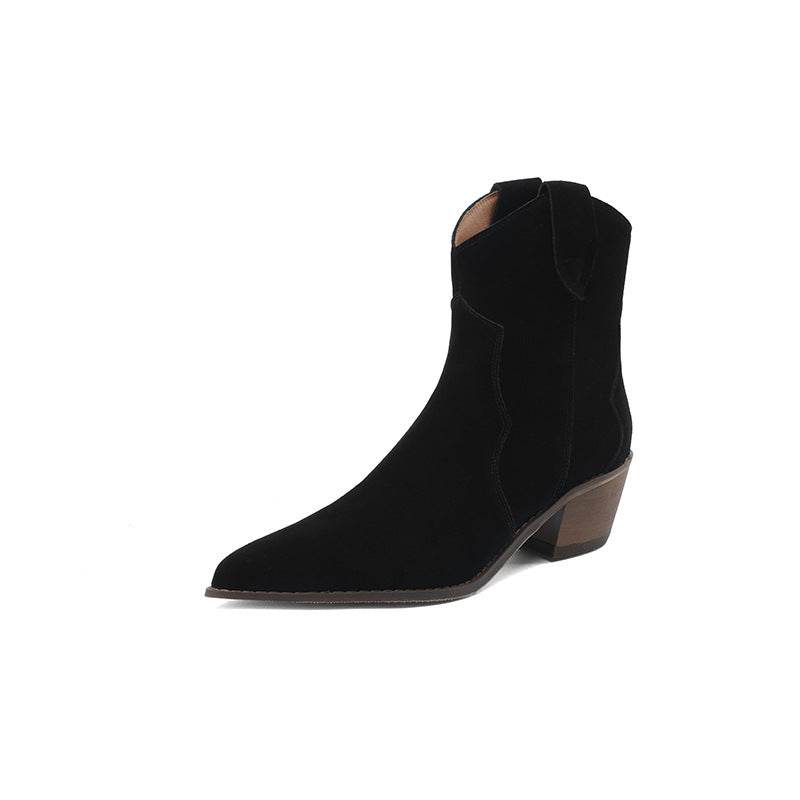 Pointed Toe Chunky Mid Heel Booties Fashion Matte Leather Boots - Mubimart