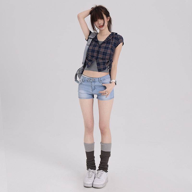 Elastic Low Waist Denim Shorts For Women - Mubimart