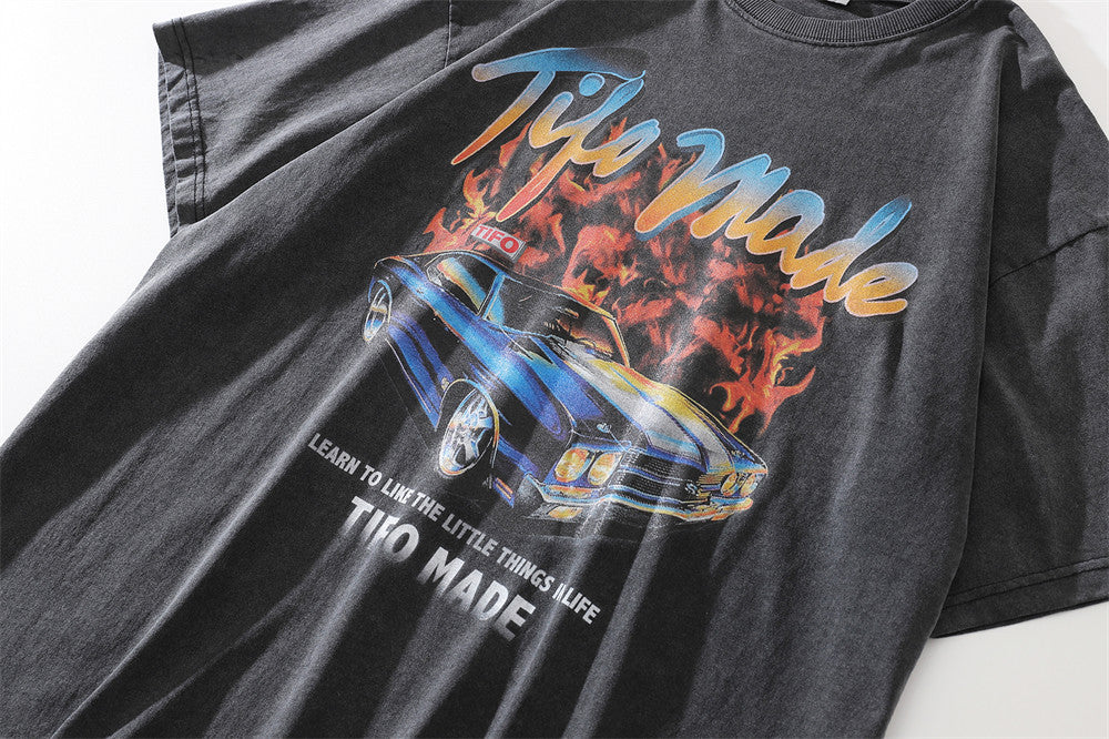 Mens Loose Casual Flame Car Graphic Short Sleeve T-Shirt