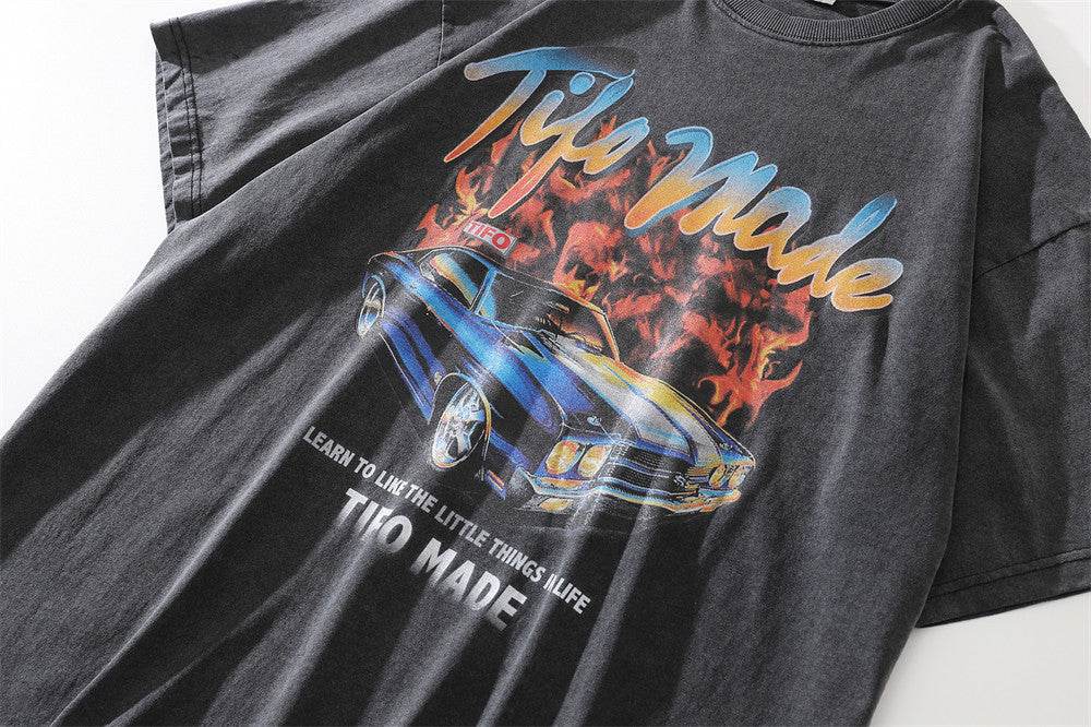 Mens Loose Casual Flame Car Graphic Short Sleeve T-Shirt - Mubimart