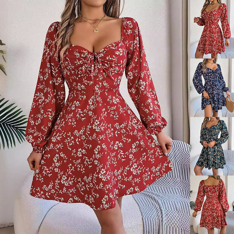 Fashion Floral Print Lantern Sleeve Dress Casual Sexy Tie Square Neck Long Sleeve A-Line Dress Women's Clothing - Mubimart - Plus Size Casual Dress 