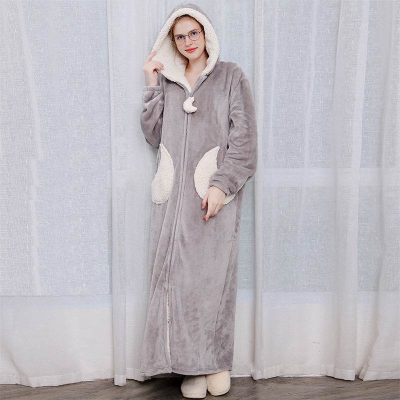Women Men Winter Bath Robe Hooded Night Dress Gown Sleepwear - Mubimart