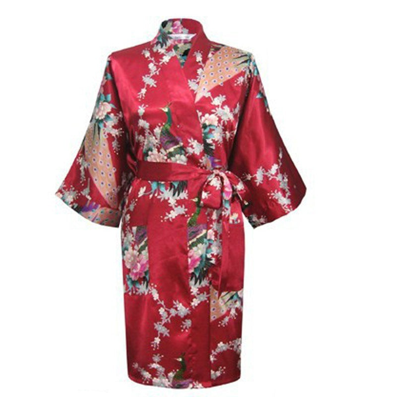 Silk nightgown peacock nightgown sexy cardigan - Mubimart -  