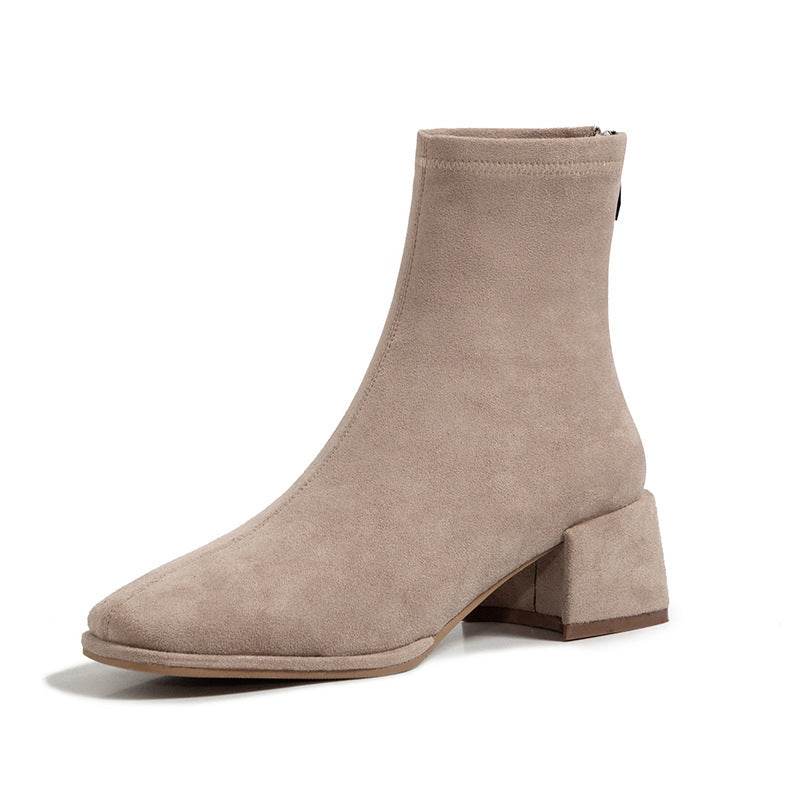 Women's Square Toe Thick Heel Stretch Short Boots - Mubimart