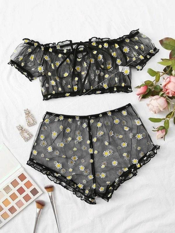 Women's Mesh Printed Lingerie Set - Mubimart