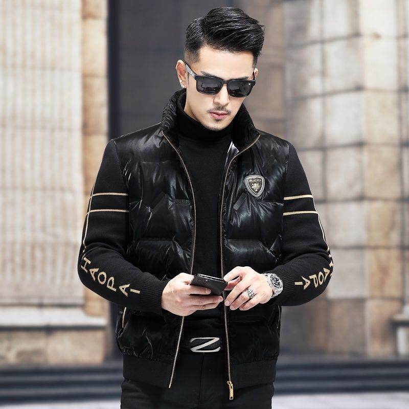 Down Jacket Men's Stand Collar Knitted Sleeve Casual Duck Down Coat - Mubimart