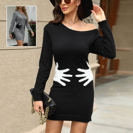 Ins Palm Print Design Knit Dress Fashion Slant Shoulder Long Sleeve Wrap Hip Slim Dress Women's Clothing - Mubimart