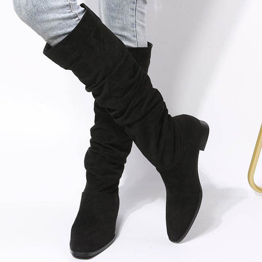 Low Heel Boot Women Faux Suede Pointed Toe Boots Pleated Design Shoes - Mubimart