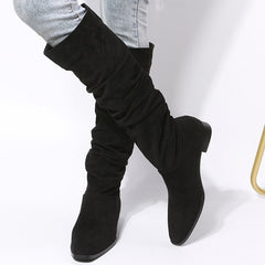 Low Heel Boot Women Faux Suede Pointed Toe Boots Pleated Design Shoes