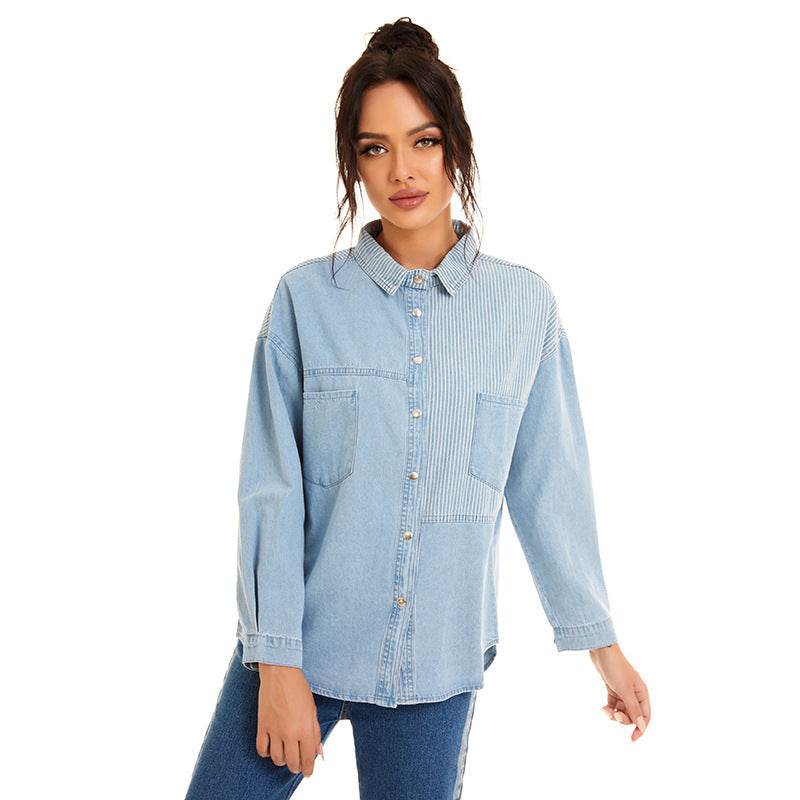 Loose Stitching Striped Shirt Jacket - Mubimart