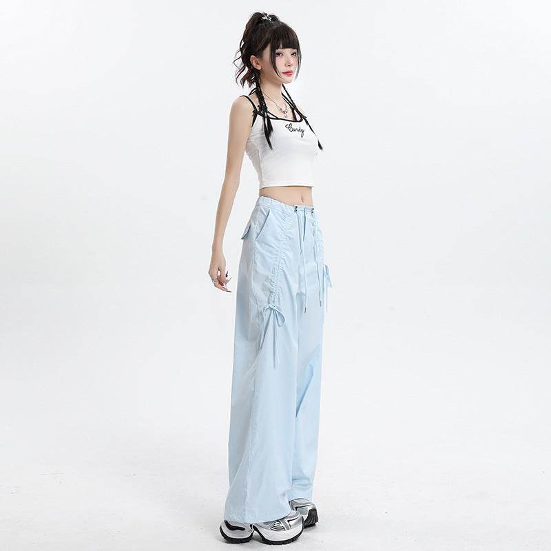 Straight Cargo Pants Women Bow Drawstring Wide Leg Track Pants - Mubimart
