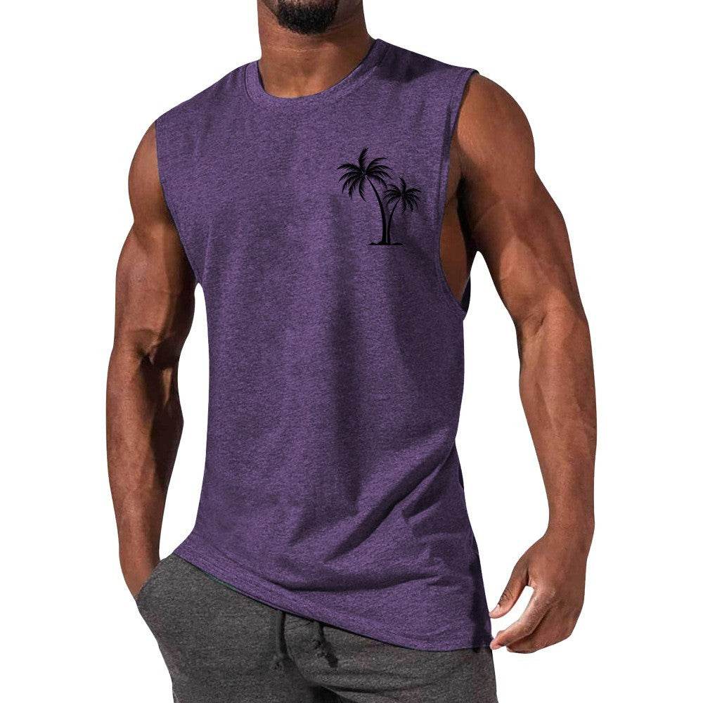 Coconut Tree Embroidery Vest Summer Beach Tank Tops Workout Muscle Men Sports Fitness T-shirt - Mubimart