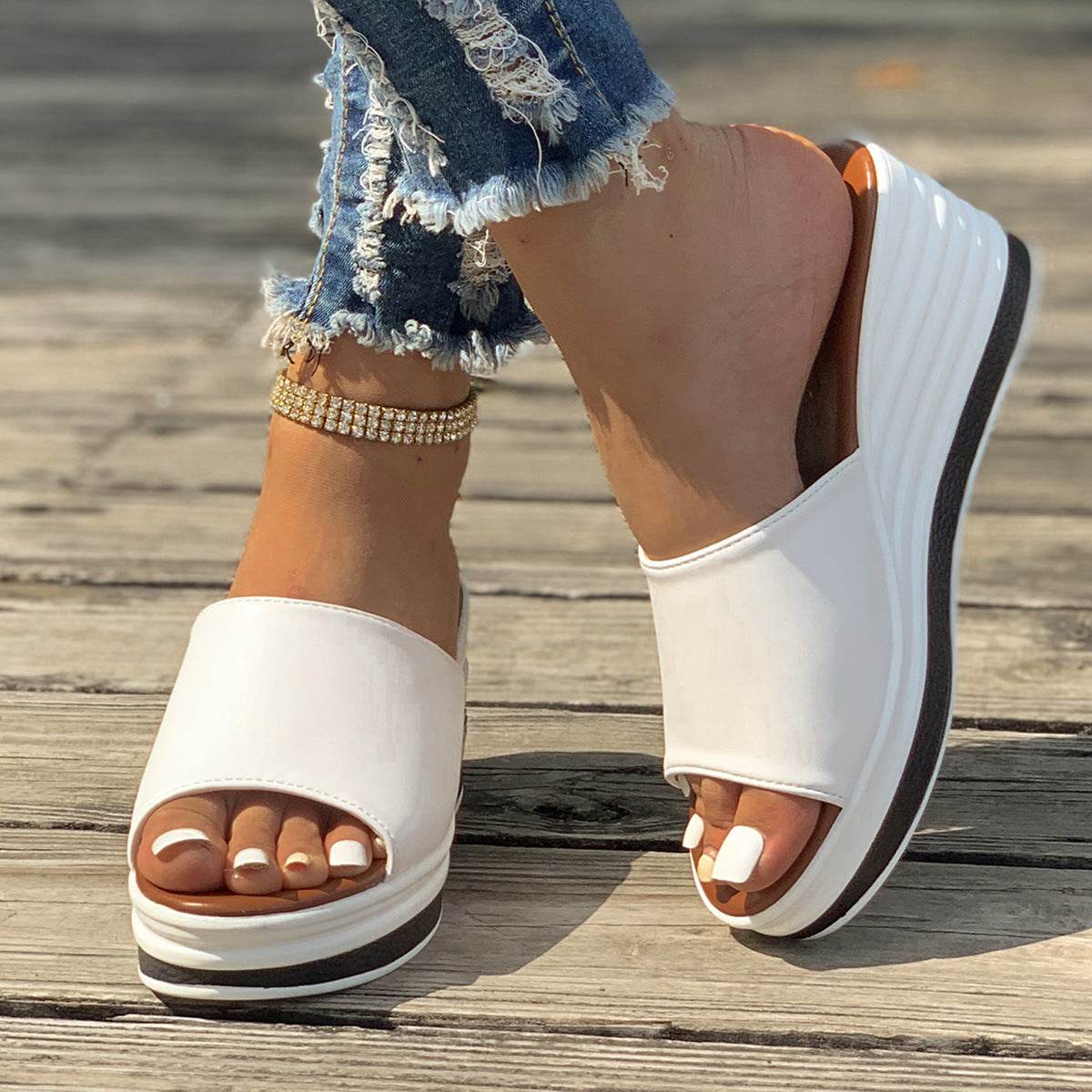 Fish Mouth Wedges Sandals Summer Fashion Hollow Design High Heels Slides Slippers Casual Beach Shoes For Women - Mubimart
