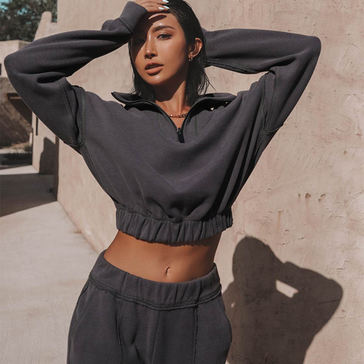 Long Sleeve Sweatshirt Stand Up Zipper Short Top With Loose Straight Leg Pants Women's Clothing - Mubimart