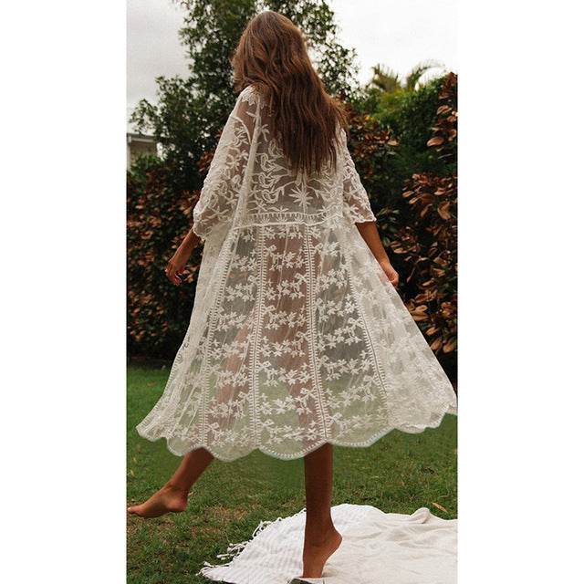 Women Crochet Beach Knitted Beach Cover Up Dress Tunic Long - Mubimart