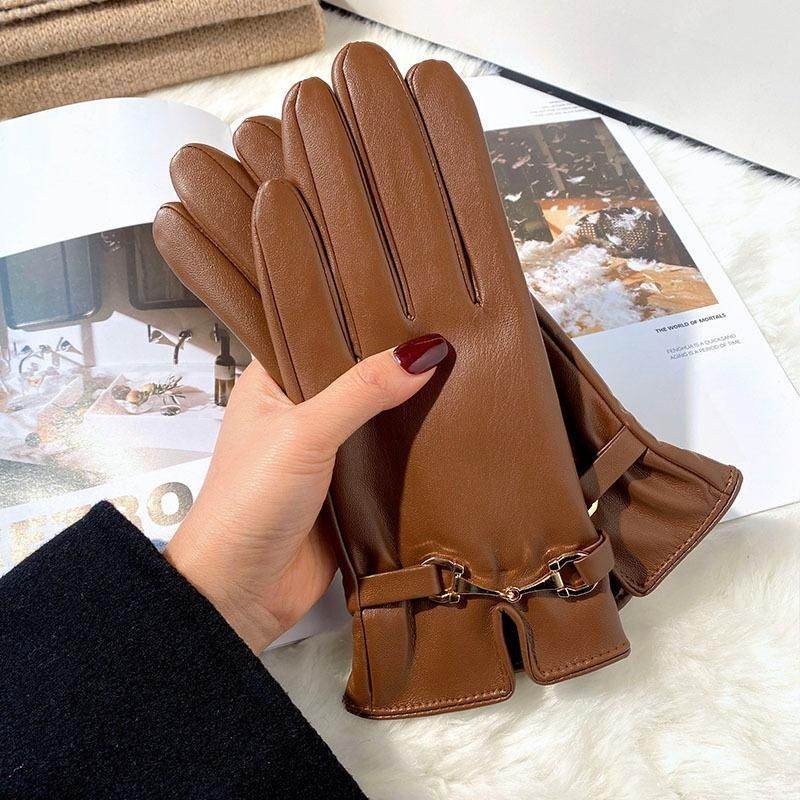 Gloves Women's Winter Warm Plus Fleece Gloves PU - Mubimart