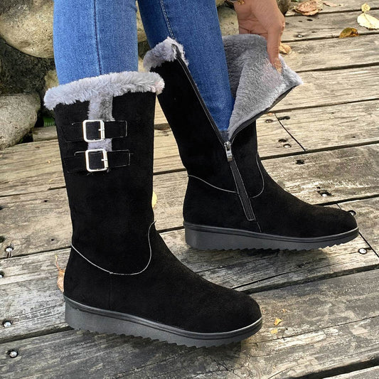 Fleece-lined Thick Mid-calf Martin Boots Wedge Heel - Mubimart