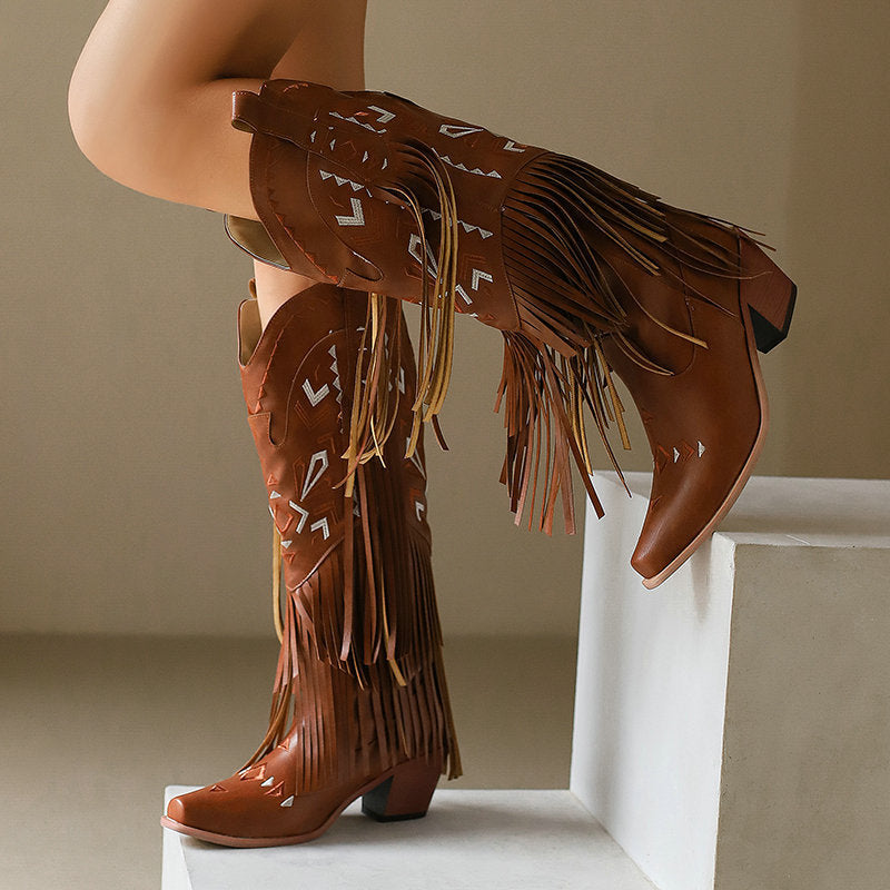 High Heel Tassel Decoration Below The Knee Western Cowboy Boot