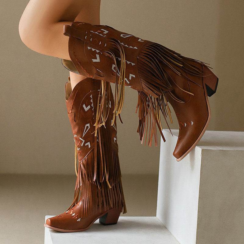 High Heel Tassel Decoration Below The Knee Western Cowboy Boot - Mubimart