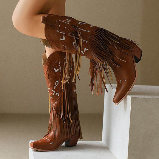 High Heel Tassel Decoration Below The Knee Western Cowboy Boot - Mubimart