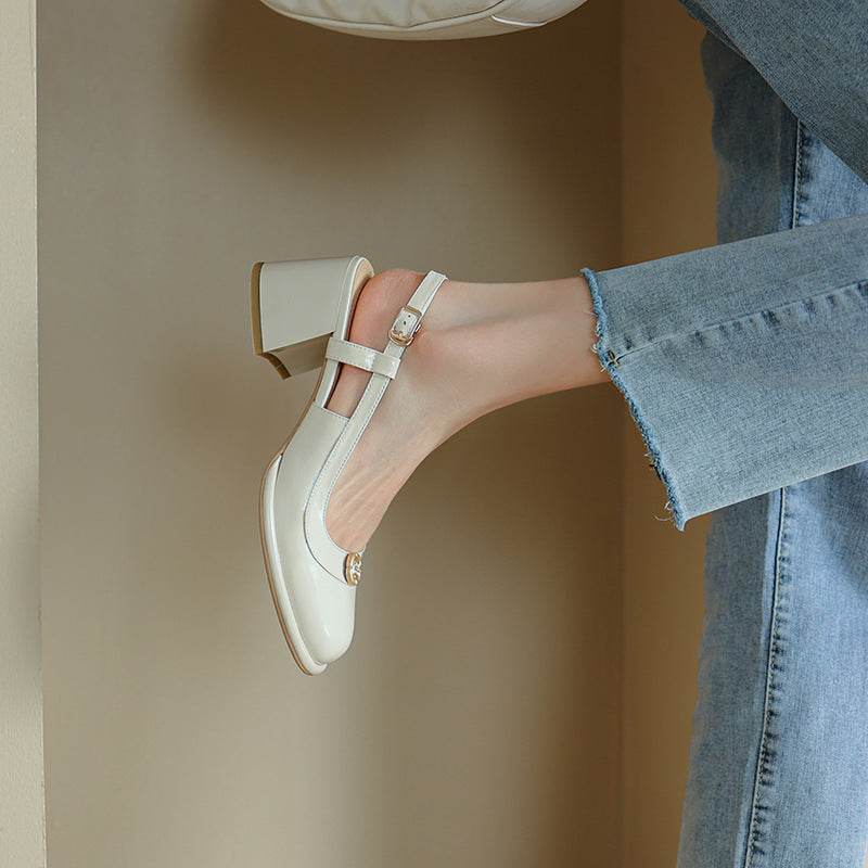Thick High Heel Cowhide Toe Cap Slingback Sandals Women - Mubimart