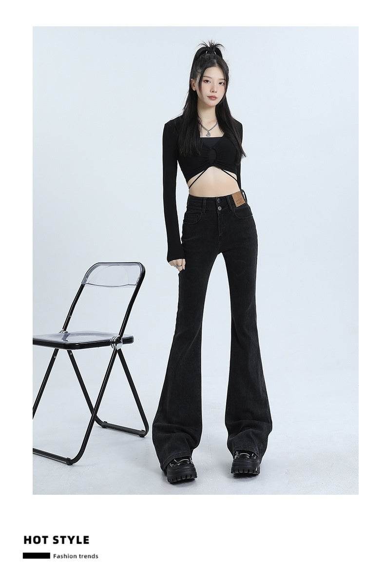 High Waist Slimming Hot Girl Double Buckle Slightly Flared Jeans Women - Mubimart