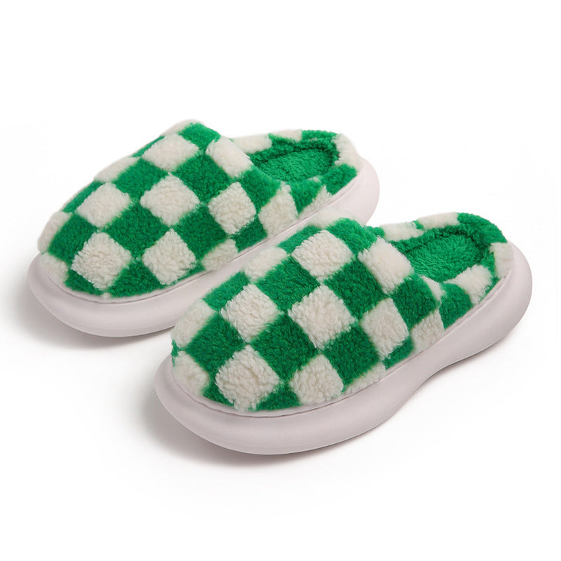 Checkerboard Plus Velvet Thick Cotton Slipper - Mubimart -  