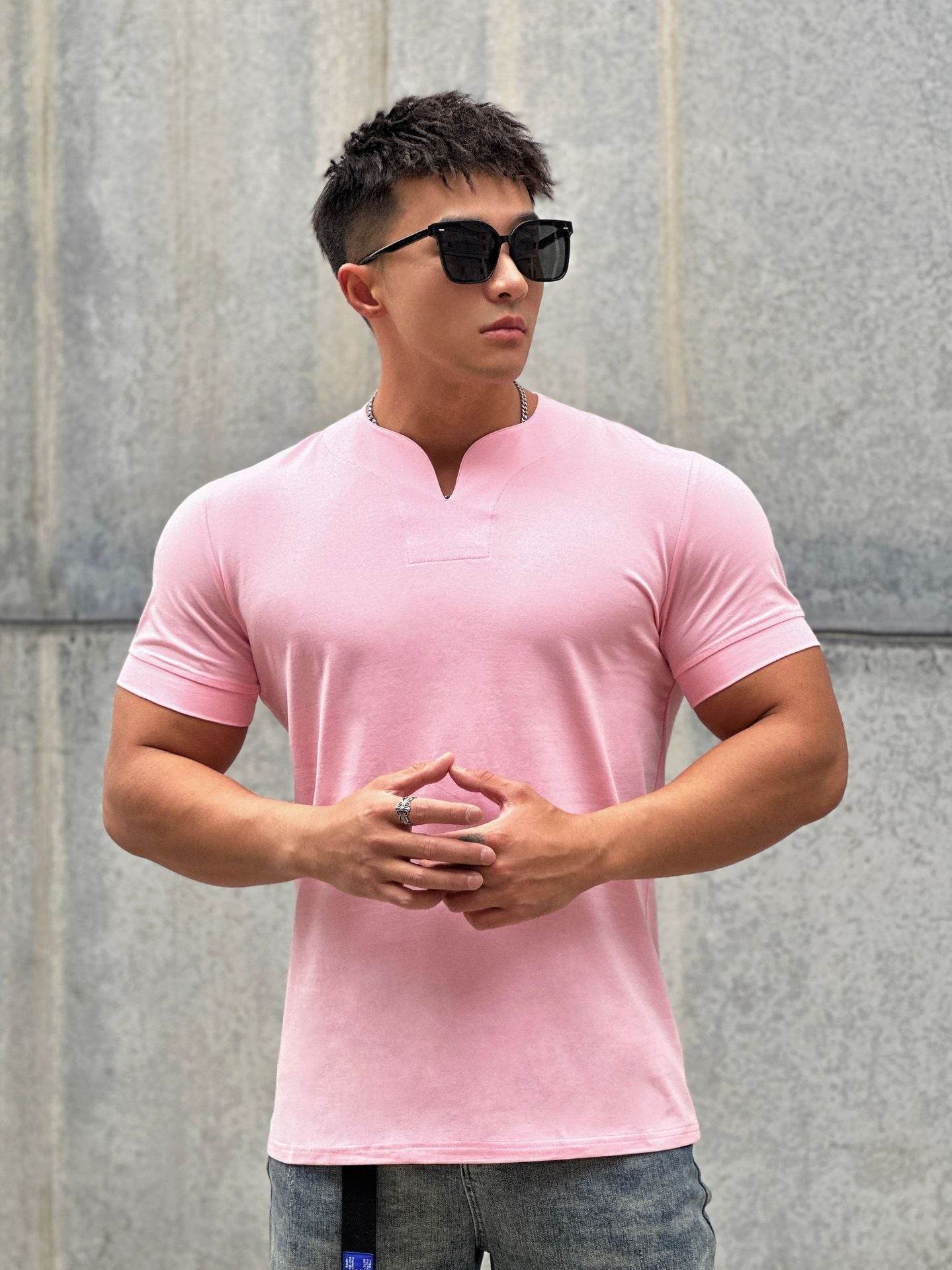 Men's Fashion Loose V-neck Short-sleeved Shirt Workout Exercise T-shirt - Mubimart