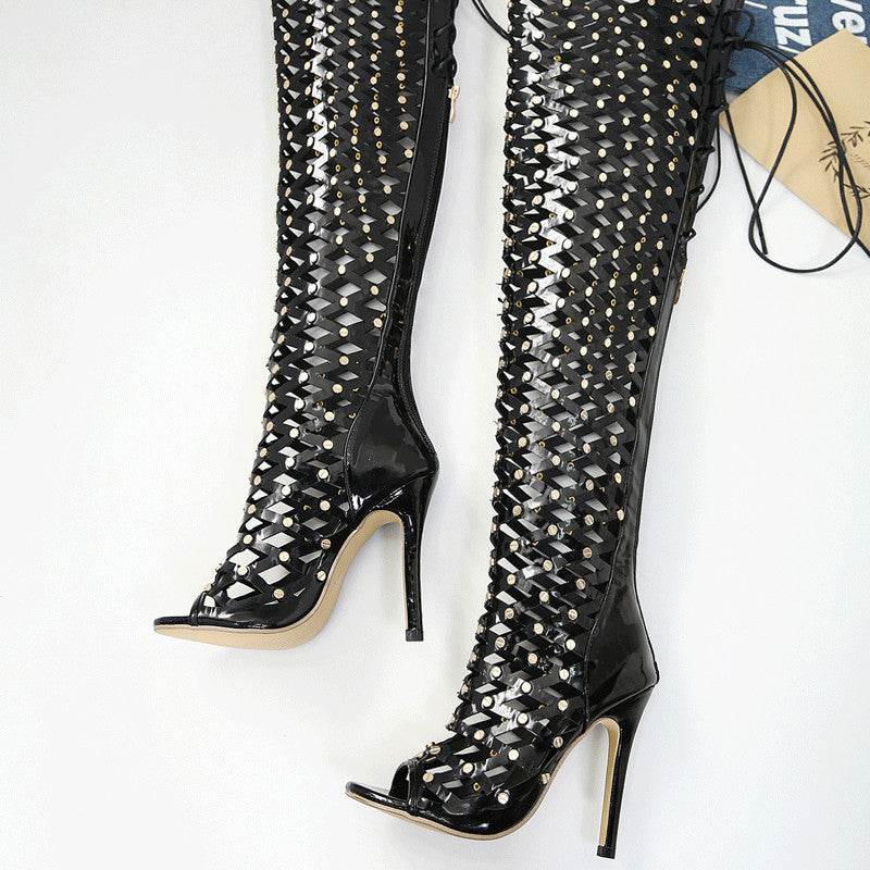 Women's Fashion Hollowed-out High Heel Sandal Boots - Mubimart