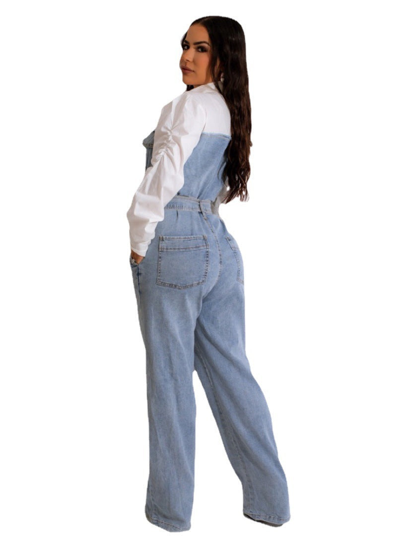 Casual Denim Stitching Plus Size Jumpsuit - Mubimart -  